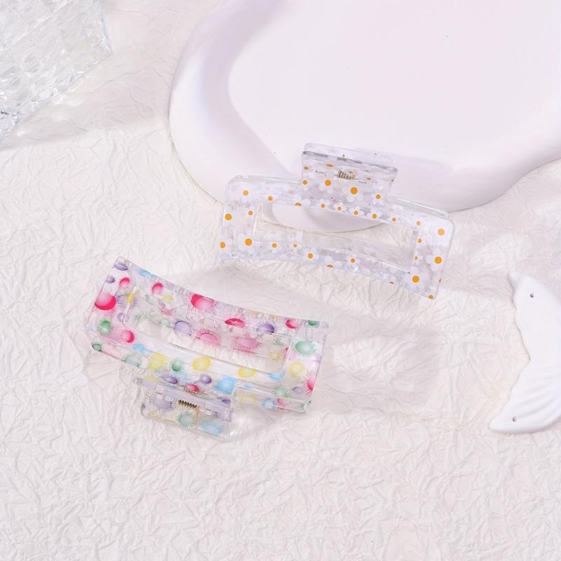 2pcs Floral Printed Hair Claw Clips Transparent Nonslip Shark Clip Women Girls