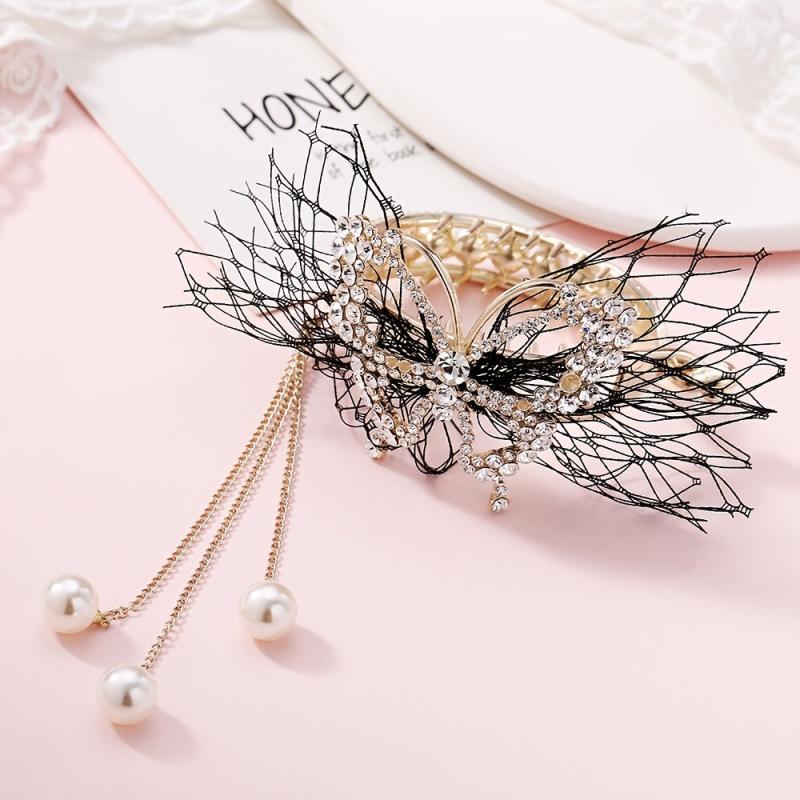 Copper Alloy Round Hair Claw Clip Tassel Faux Pearl Accessory