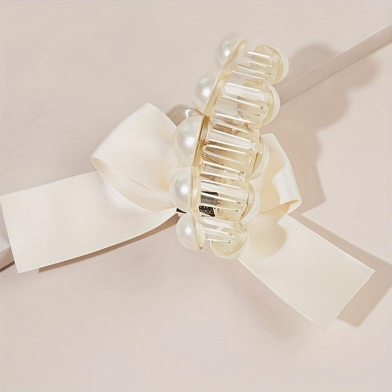 2pcs Ribbon Bow Hair Claw Faux Pearl Hair Claw Clip Nonslip Ponytail Holder