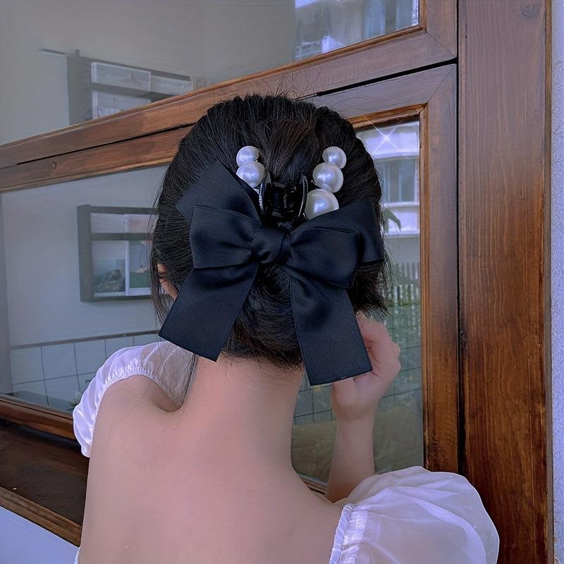 2pcs Ribbon Bow Hair Claw Faux Pearl Hair Claw Clip Nonslip Ponytail Holder