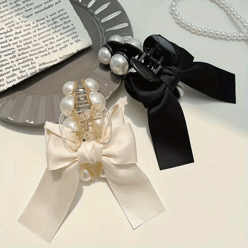 2pcs Ribbon Bow Hair Claw Faux Pearl Hair Claw Clip Nonslip Ponytail Holder