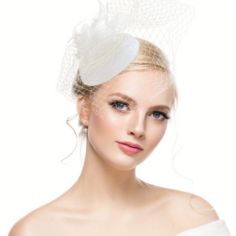 Red Mesh Feather Hat With Pearl Veil Hair Accessories