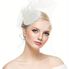 Red Mesh Feather Hat With Pearl Veil Hair Accessories