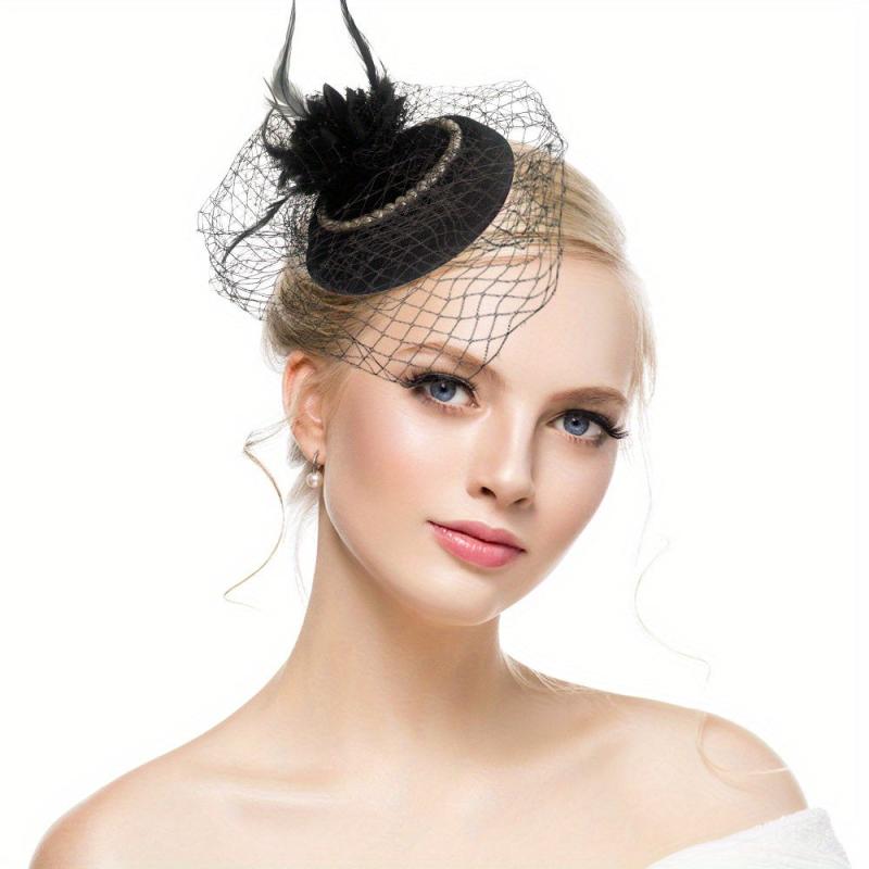 Red Mesh Feather Hat With Pearl Veil Hair Accessories