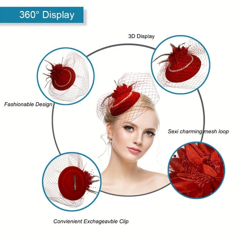 Red Mesh Feather Hat With Pearl Veil Hair Accessories
