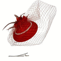 Red Mesh Feather Hat With Pearl Veil Hair Accessories