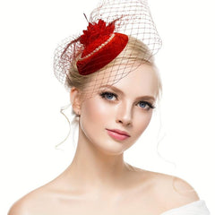 Red Mesh Feather Hat With Pearl Veil Hair Accessories