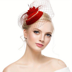 Red Mesh Feather Hat With Pearl Veil Hair Accessories