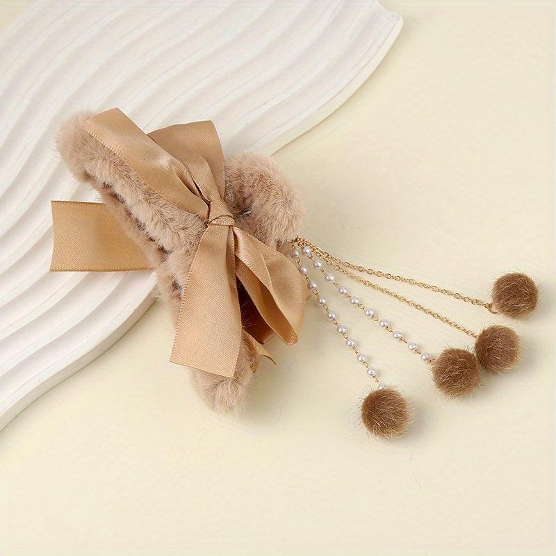 Bowknot Tassel Faux Pearl Plush Hair Claw Clip Strong Grip Hair Jaw Clip