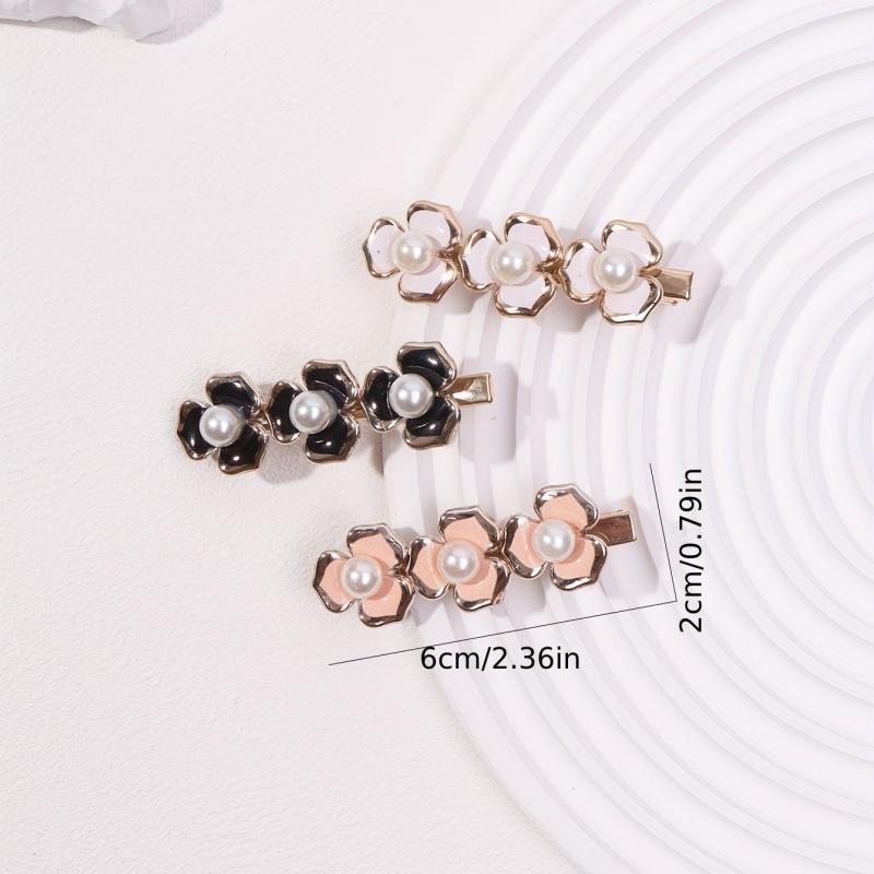 3pcs Sweet Flower Hair Clip Faux Pearl Duck Billed Clip Style Hair Clip