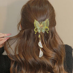 Golden Butterfly Hair Claw With Tassel Shark Claw Ponytail Holder