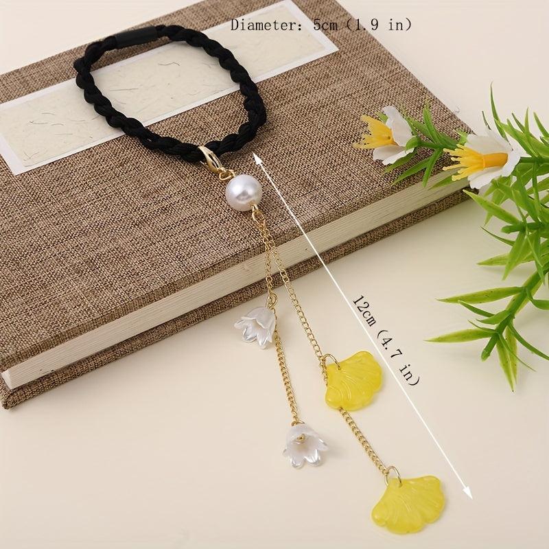 Chinese Hair Tie Ginkgo Leaf Bell Orchid Faux Pearl Tassel Hair Ring Women Girls