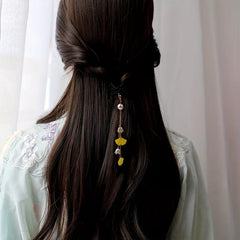Chinese Hair Tie Ginkgo Leaf Bell Orchid Faux Pearl Tassel Hair Ring Women Girls
