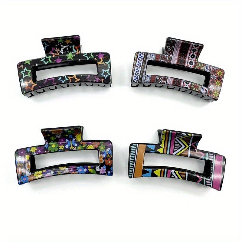 Floral Printed Hair Claw Nonslip Ponytail Holder Retro Style Pattern
