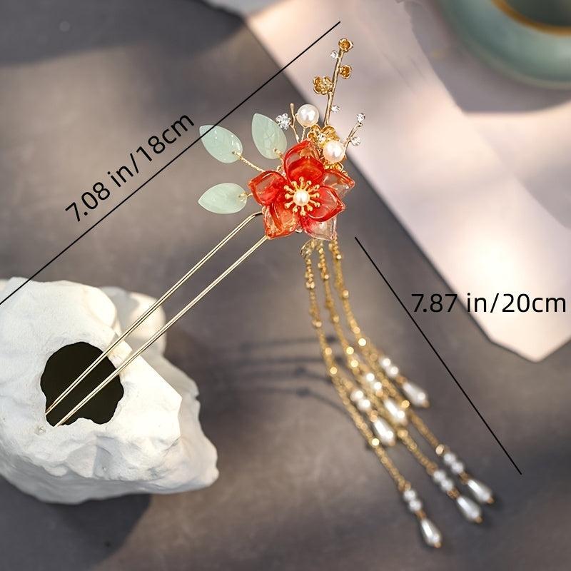 Hanfu Hairpin Faux Pearl Flower Leaf Tassel Chignon Vintage Chinese Style