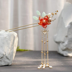 Hanfu Hairpin Faux Pearl Flower Leaf Tassel Chignon Vintage Chinese Style