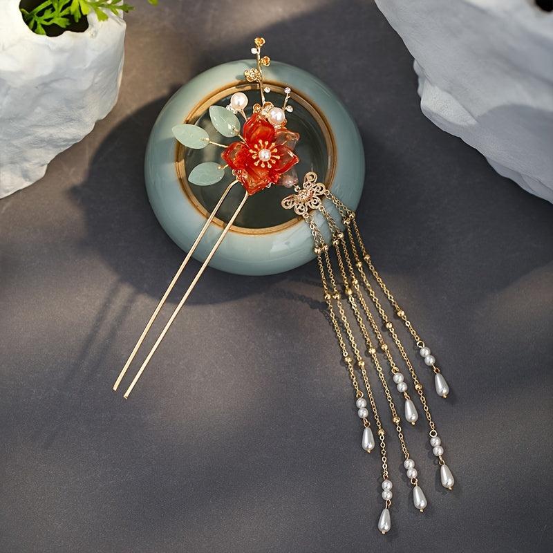 Hanfu Hairpin Faux Pearl Flower Leaf Tassel Chignon Vintage Chinese Style
