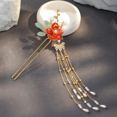 Hanfu Hairpin Faux Pearl Flower Leaf Tassel Chignon Vintage Chinese Style