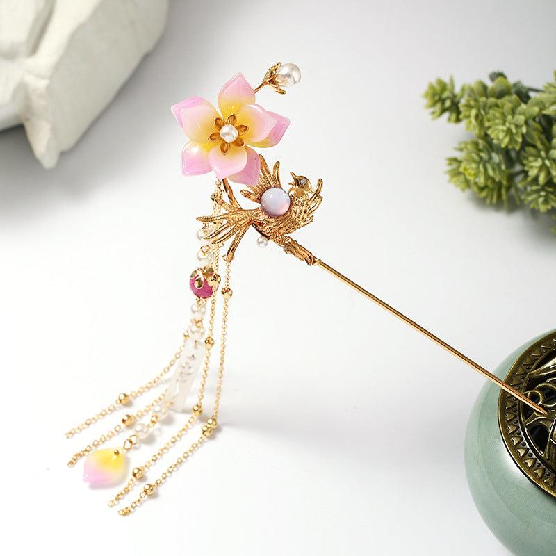 Hanfu Hairpin Faux Pearl Flower Leaf Tassel Chignon Vintage Chinese Style