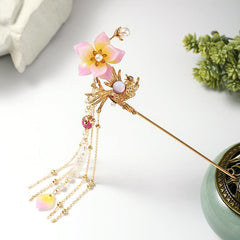 Hanfu Hairpin Faux Pearl Flower Leaf Tassel Chignon Vintage Chinese Style