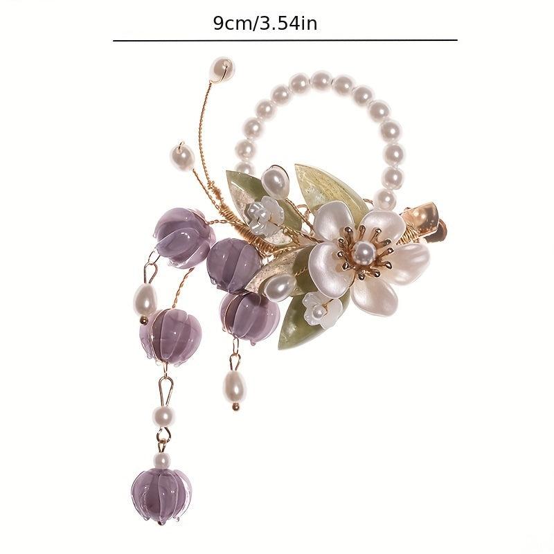 Purple Flower Hair Clip Faux Pearl Bracelet Dual Purpose Hair Clip