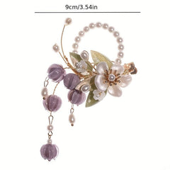Purple Flower Hair Clip Faux Pearl Bracelet Dual Purpose Hair Clip