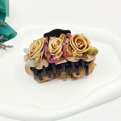 Vintage Fabric Flower Hair Claw Beaded Hair Claw Nonslip Ponytail Holder