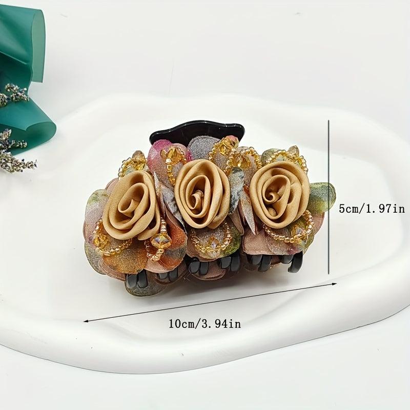 Vintage Fabric Flower Hair Claw Beaded Hair Claw Nonslip Ponytail Holder