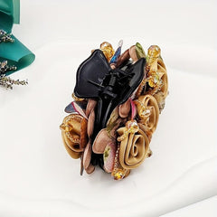 Vintage Fabric Flower Hair Claw Beaded Hair Claw Nonslip Ponytail Holder