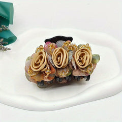 Vintage Fabric Flower Hair Claw Beaded Hair Claw Nonslip Ponytail Holder