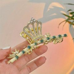 Metal Rhinestone Jade Stone Bamboo Chinese Hair Claw Nonslip Ponytail Holder