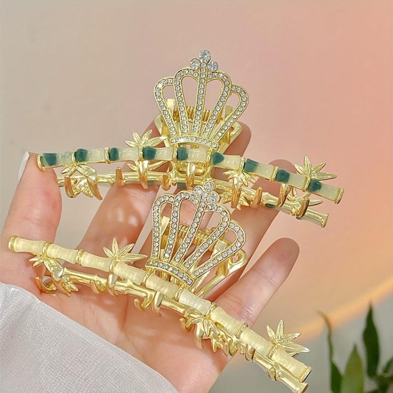 Metal Rhinestone Jade Stone Bamboo Chinese Hair Claw Nonslip Ponytail Holder