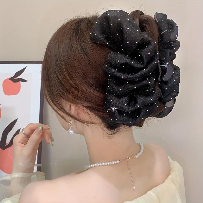 Ruffled Bow Hair Claw Glitter Rhinestone Hair Claw Nonslip Ponytail Holder