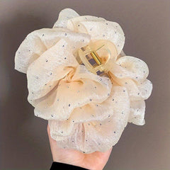 Ruffled Bow Hair Claw Glitter Rhinestone Hair Claw Nonslip Ponytail Holder