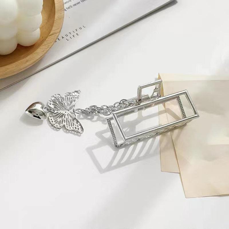 Vintage Silver Hair Claw Pin Hollow Out Butterfly Heart Tassel Hair Clip
