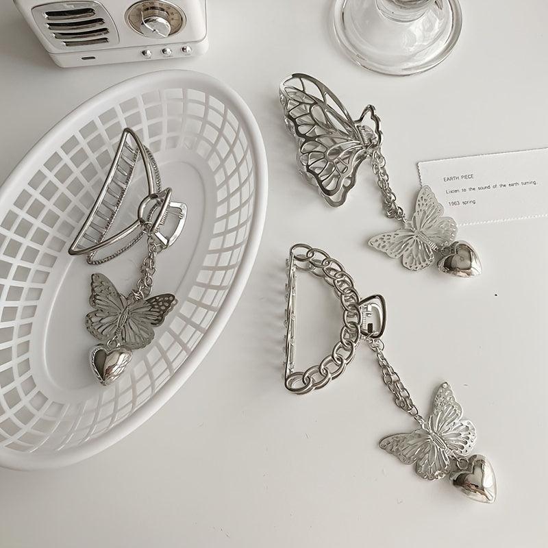Vintage Silver Hair Claw Pin Hollow Out Butterfly Heart Tassel Hair Clip