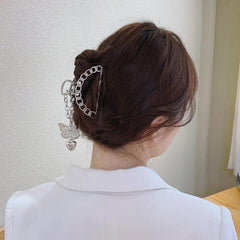 Vintage Silver Hair Claw Pin Hollow Out Butterfly Heart Tassel Hair Clip