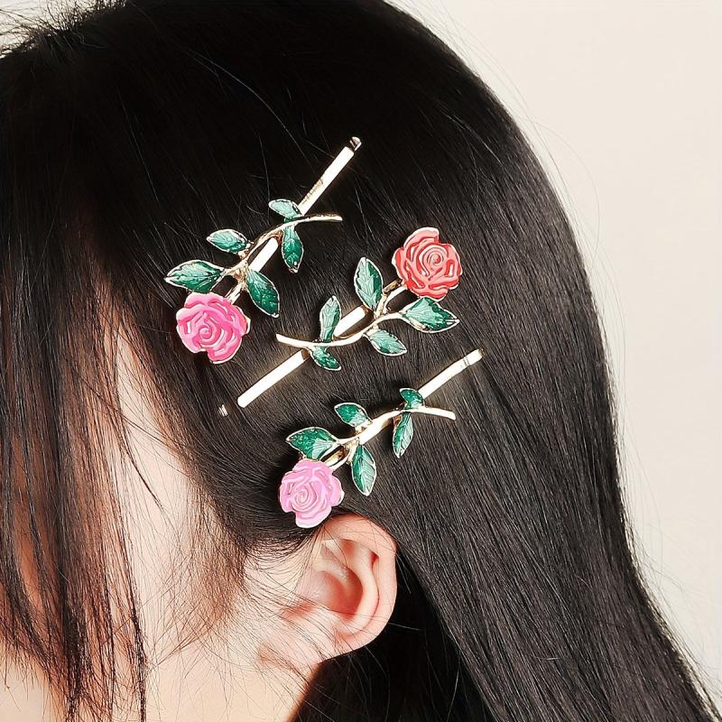 3pcs Rose Charm Hair Pin Non Slip Headwear Decorative Hair Styling Accessory
