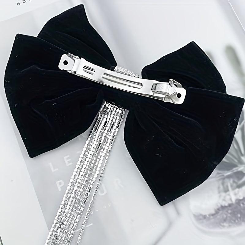 Velvet Bow Hair Clip with Rhinestone Tassel Barrette