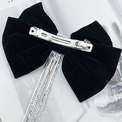 Velvet Bow Hair Clip with Rhinestone Tassel Barrette