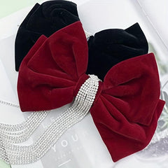 Velvet Bow Hair Clip with Rhinestone Tassel Barrette