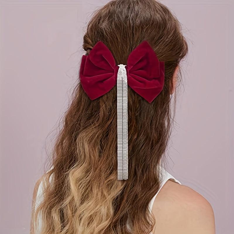 Velvet Bow Hair Clip with Rhinestone Tassel Barrette