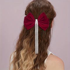 Velvet Bow Hair Clip with Rhinestone Tassel Barrette