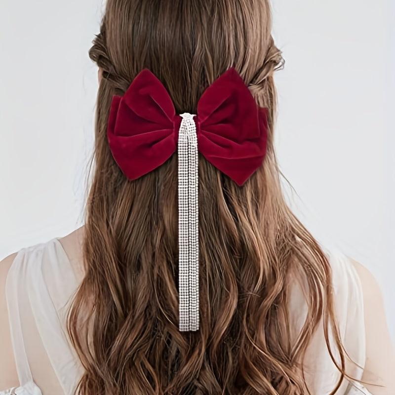 Velvet Bow Hair Clip with Rhinestone Tassel Barrette