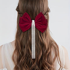 Velvet Bow Hair Clip with Rhinestone Tassel Barrette