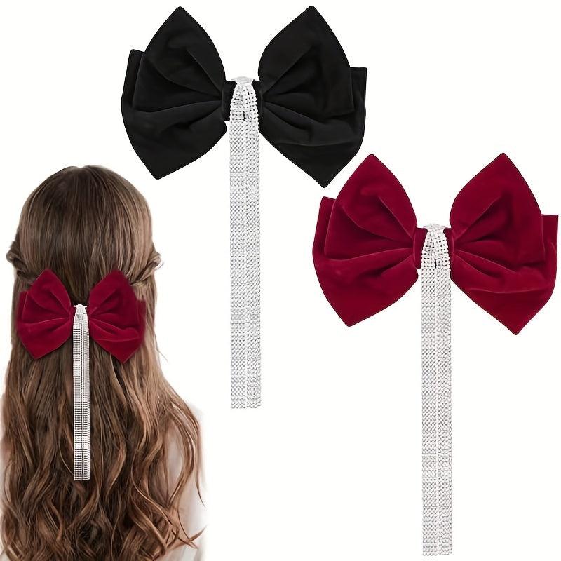 Velvet Bow Hair Clip with Rhinestone Tassel Barrette