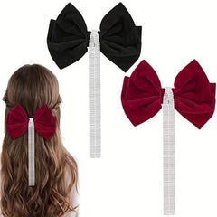 Velvet Bow Hair Clip with Rhinestone Tassel Barrette