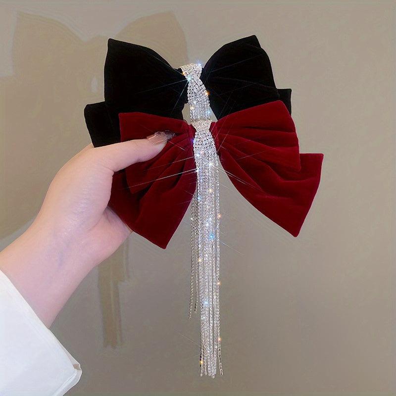 Velvet Bow Hair Clip with Rhinestone Tassel Barrette