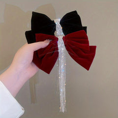 Velvet Bow Hair Clip with Rhinestone Tassel Barrette