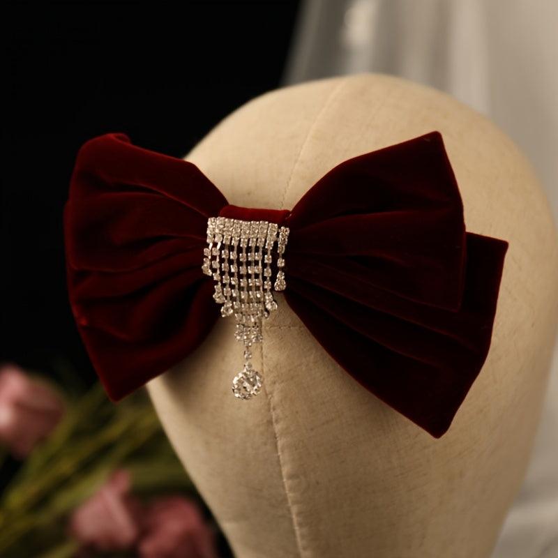 Vintage Velvet Bow Knot Hair Clip Rhinestone Tassel Barrette Clip
